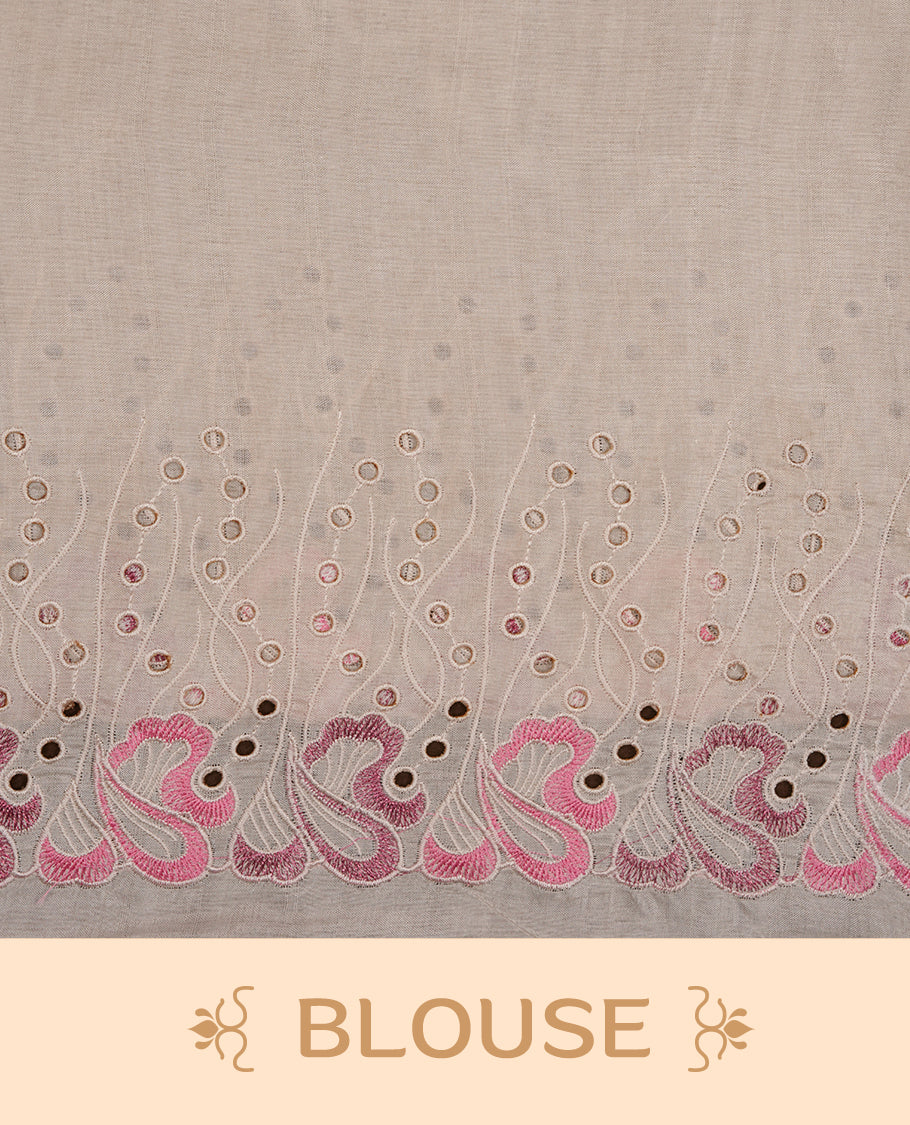 Beige colour Tussar silk saree featuring Elegant plain body, highlighting Light pink colour thread worked scalp border, pallu and paired with matching blouse piece.