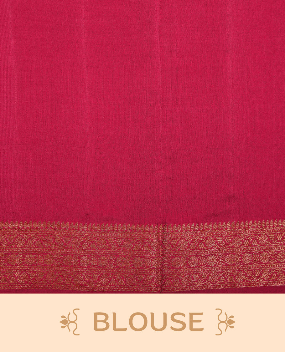 Pink colour Pure banaras soft silk saree featuring Antique zari motifs on body, contrast magenta colour border , traditional pallu and paired with matching blouse