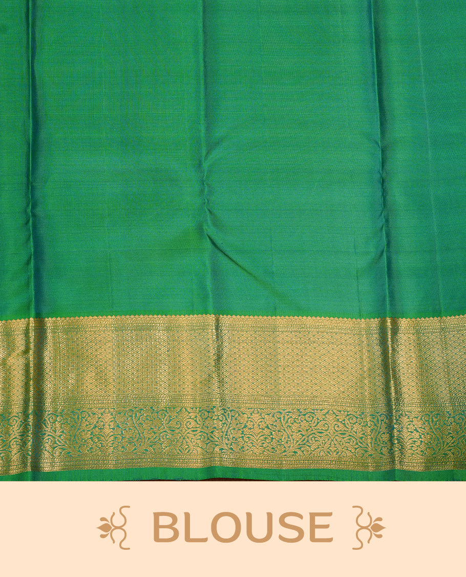 Green colour kancheepuram silk saree featuring gold zari floral kodi pattern on body, complemented by self colour with traditional border, paired with matching blouse piece.