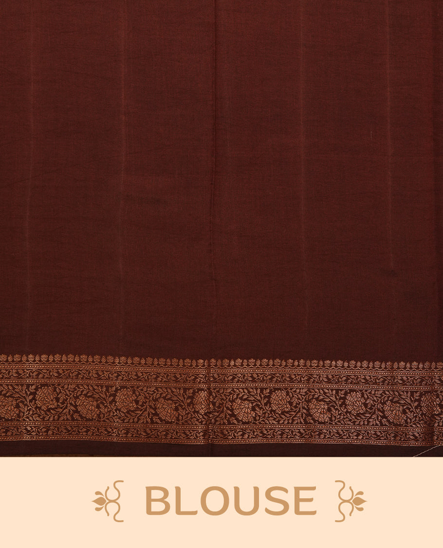 Dark Beige colour Pure banaras soft silk saree featuring Antique zari motifs on body, contrast Chocolate colour border , traditional pallu and paired with matching blouse