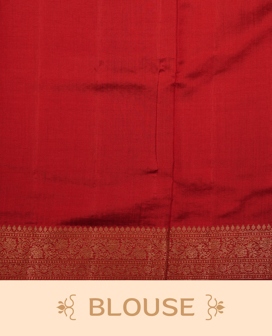 Coral colour Pure banaras soft silk saree featuring Antique zari motifs on body, contrast Deep red colour border , traditional pallu and paired with matching blouse
