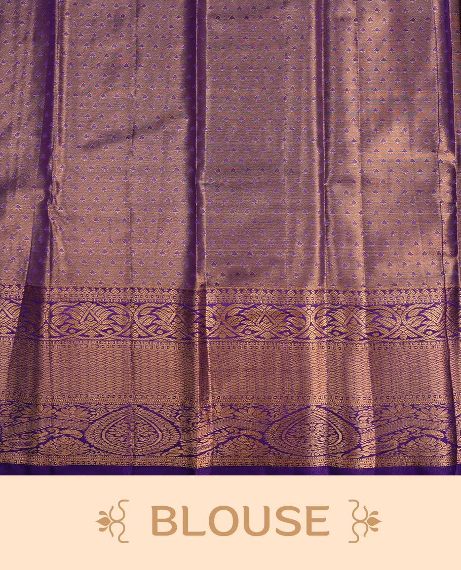 Blue & gold double shade colour semi tissue silk saree featuring gold zari floral kodi pattern on body, contrast indigo colour with gold zari traditional border, paired with matching blouse piece.