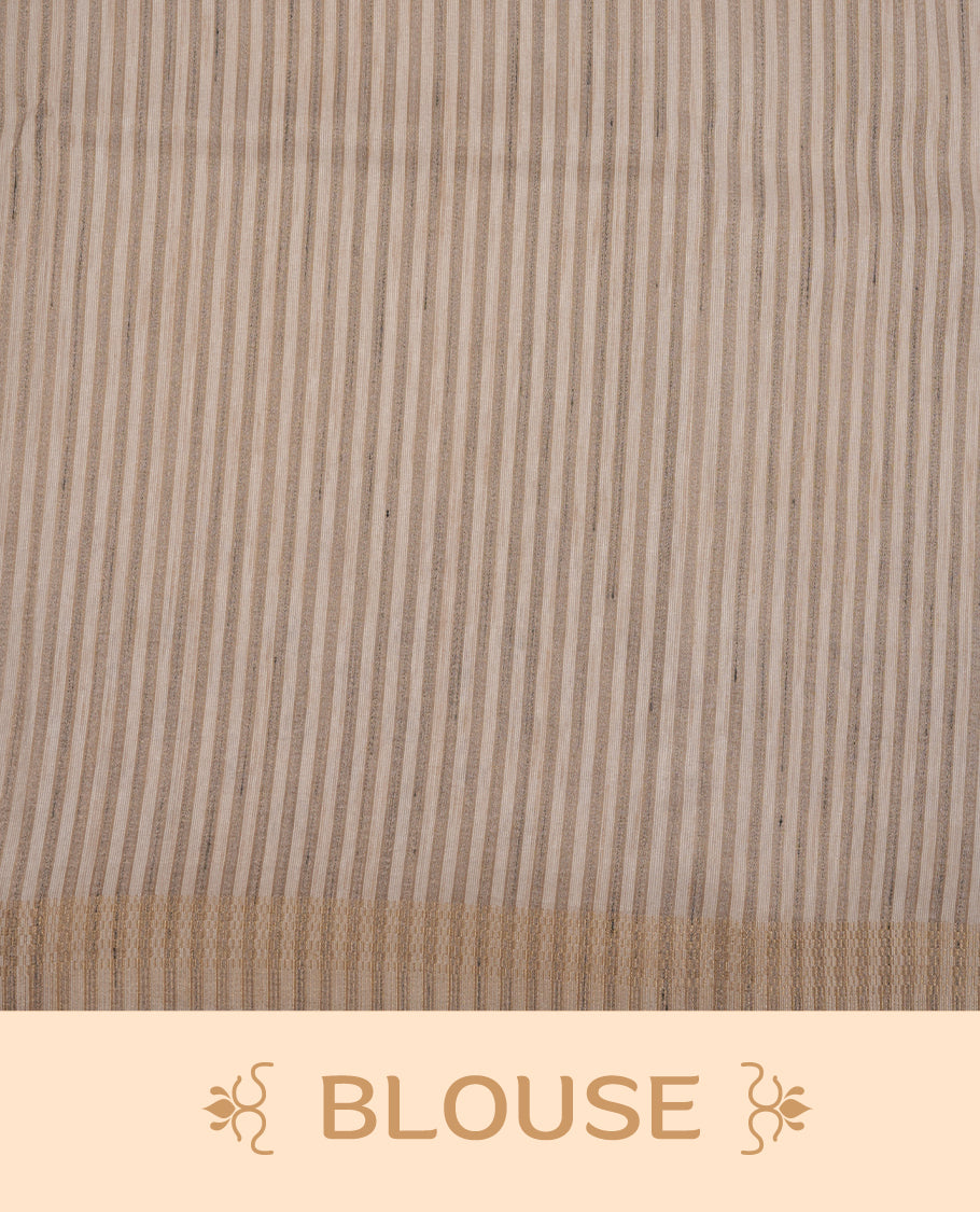 Beige colour Tussar silk saree featuring Elegant plain body, highlighting Purple colour cut work with Light gold zari border, pallu and paired with matching blouse piece.