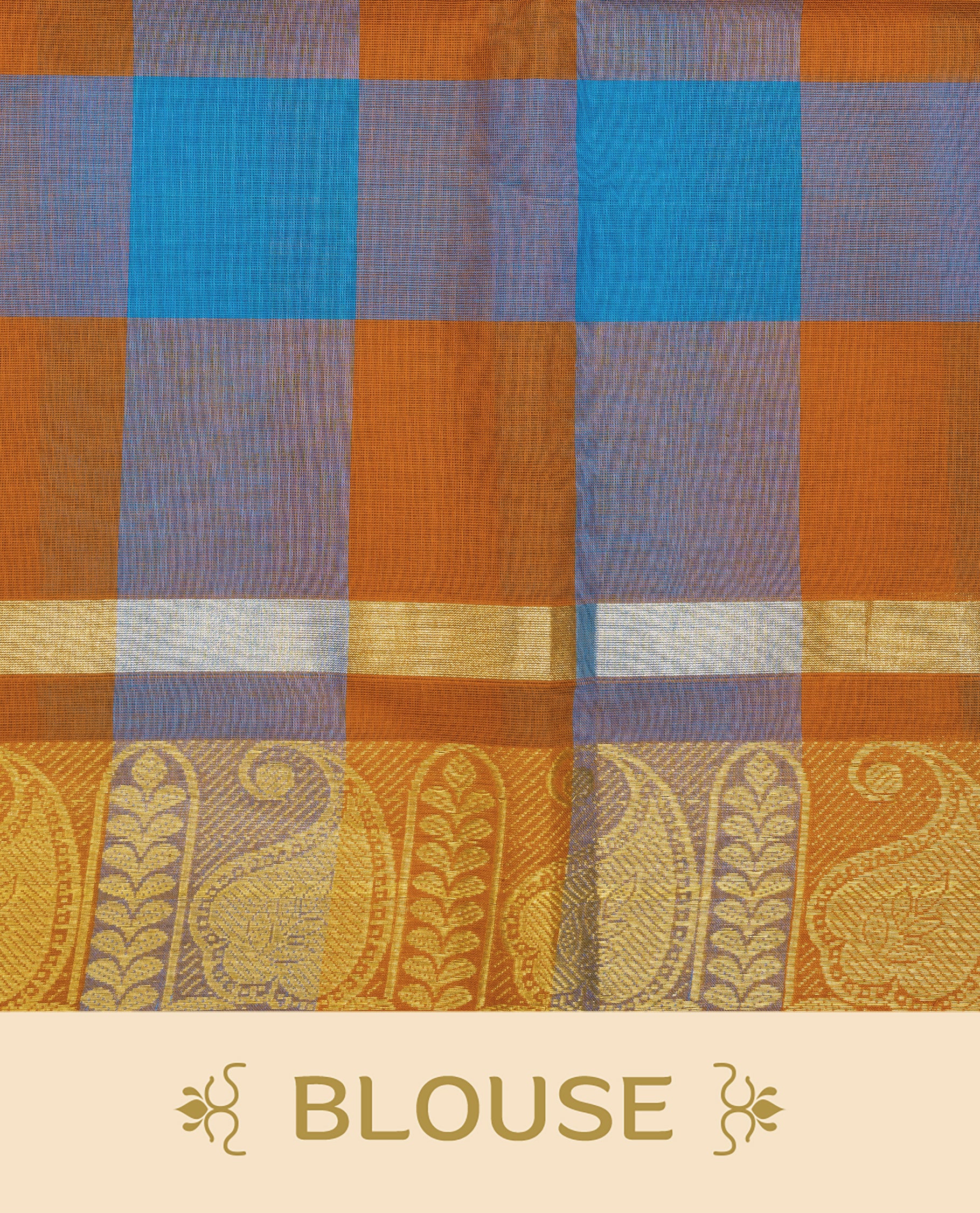 Rust orange & Blue colour Chettinad cotton saree featuring a check pattern on the body, complemented by a self-colour gold zari border, comes with a matching blouse piece