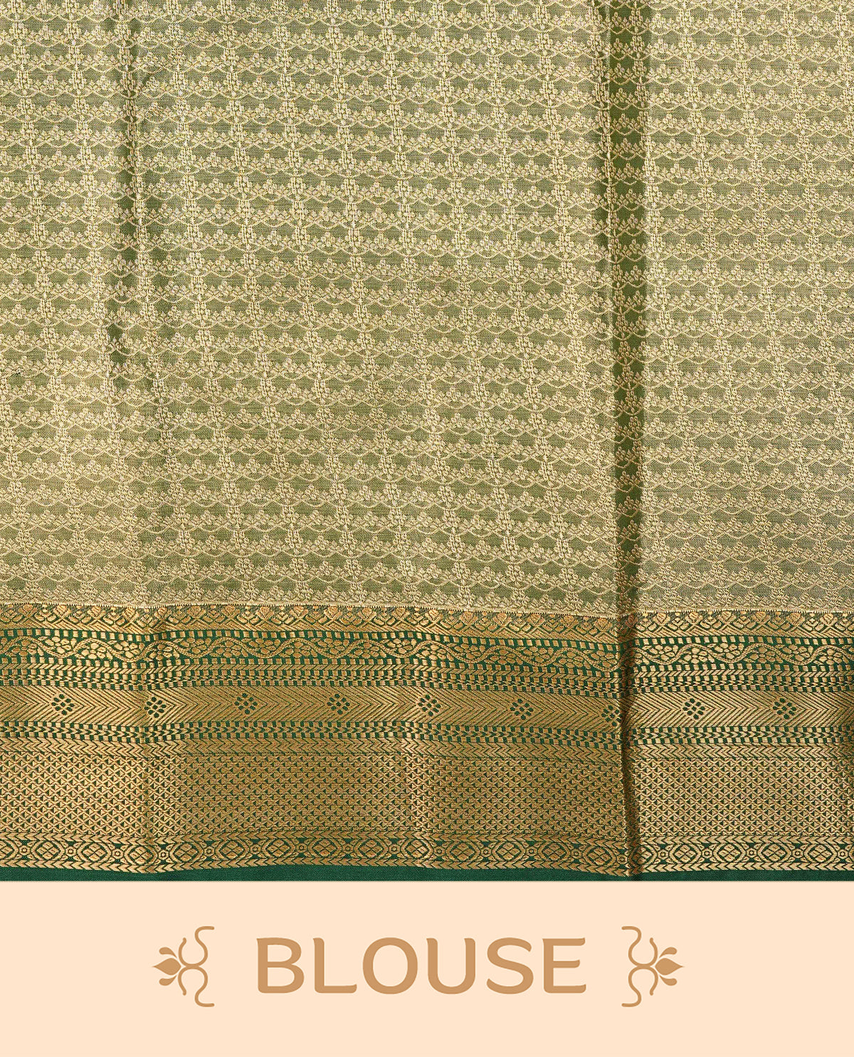 Red colour Semi Tissue Silk Saree featuring gold zari floral kodi Works on the body, complemented by an intricately woven gold zari pallu, a rich Green border with gold zari work and paired with a matching plain blouse piece.