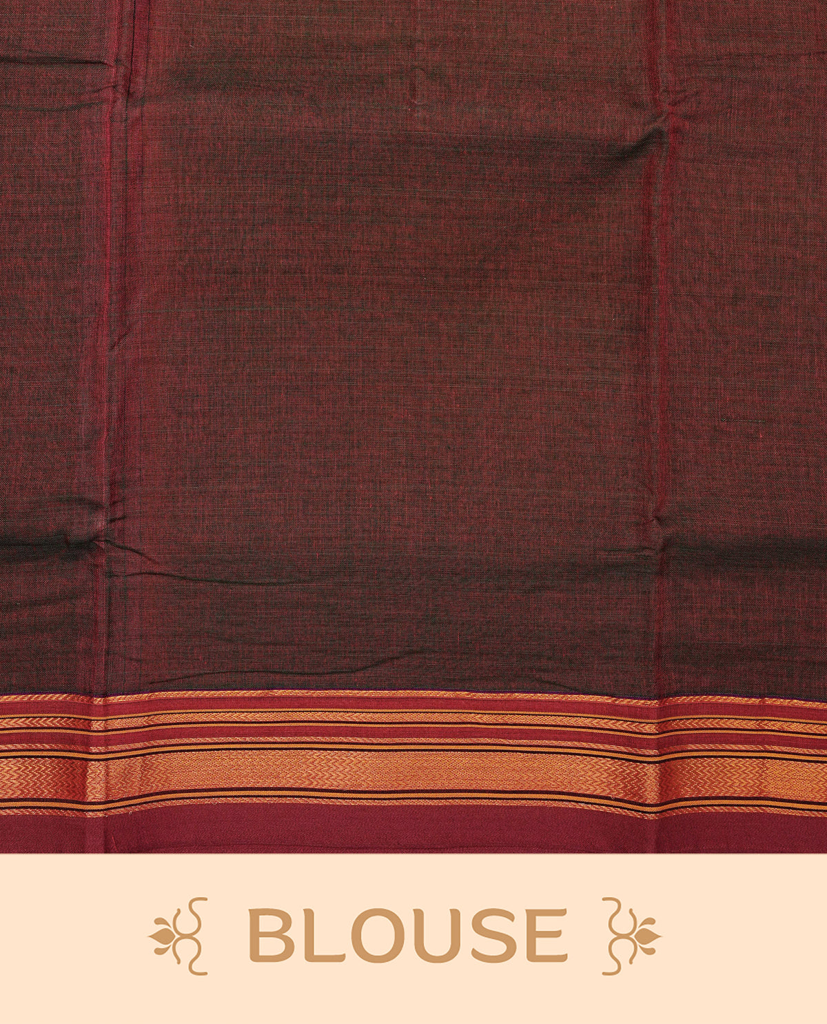 Green & Brown dual shade Narayanapattu cotton saree with a plain body, complemented by a maroon Colour with border with elegant gold zari detailing and a contrast striped pallu, paired with a matching blouse piece.