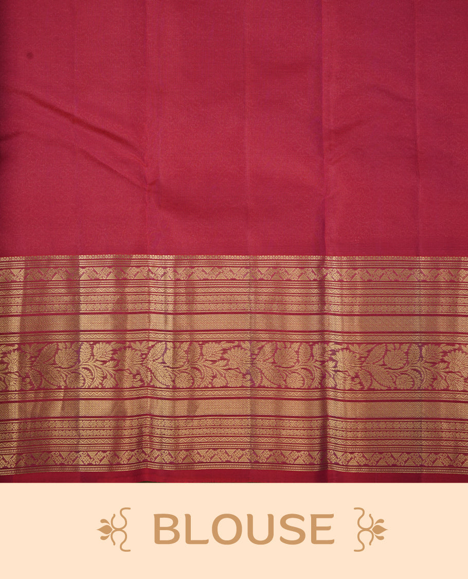 Rust orange colour soft silk saree featuring gold zari motifs on the body, complemented by a contrast Red traditional zari floral kodi border and pallu, paired with a matching blouse piece.