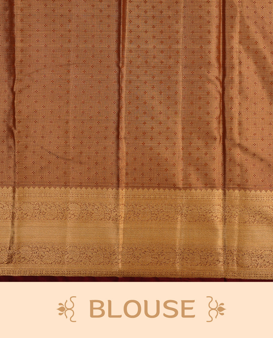Gold colour semi tissue silk saree featuring gold zari pattern on body, contrast Maroon colour with gold zari traditional border, paired with matching blouse piece.