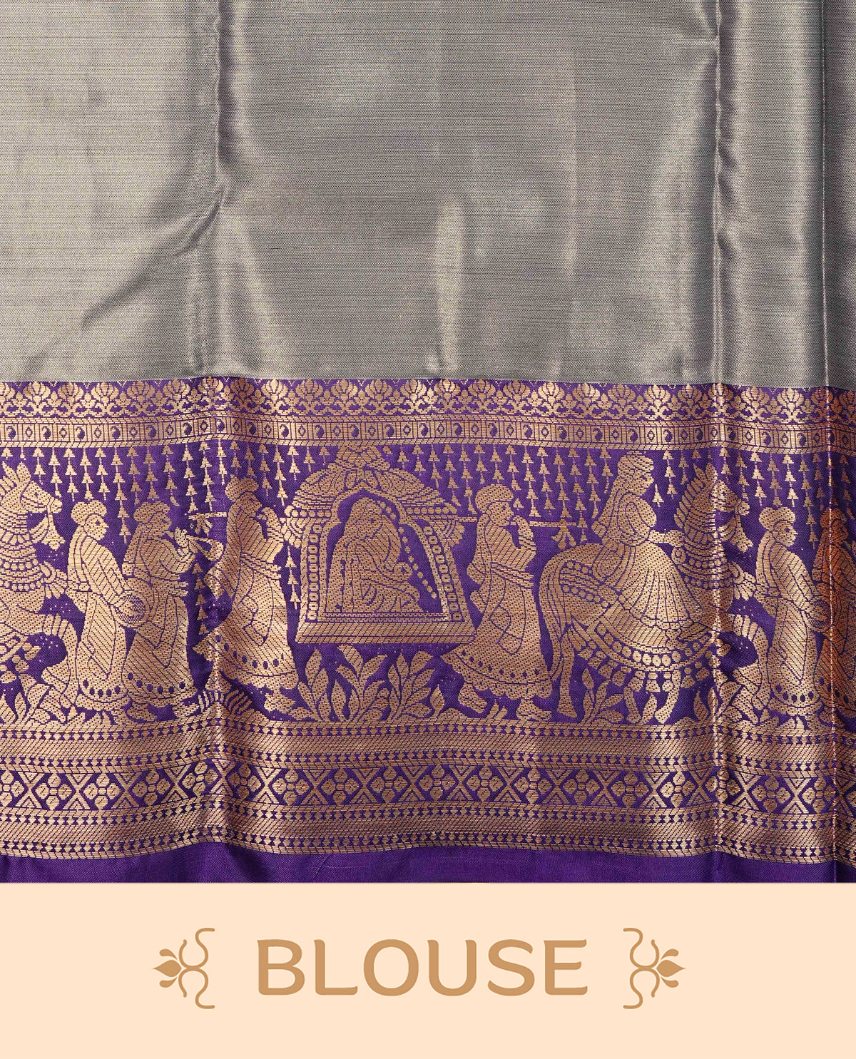 Blue colour Semi Tissue Silk Saree featuring gold zari floral kodi Works on the body, complemented by an intricately woven gold zari pallu, a rich Deep Purple border with traditional gold zari work and paired with a matching plain blouse piece.