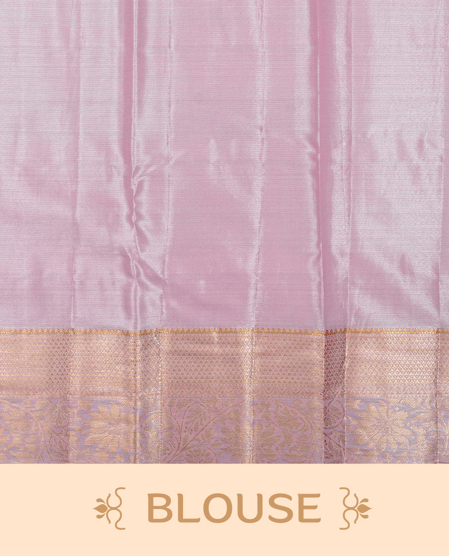 Baby pink colour Semi tissue silk saree featuring gold zari kodi floral motifs on body, Self colour with traditional border, paired with matching blouse piece.