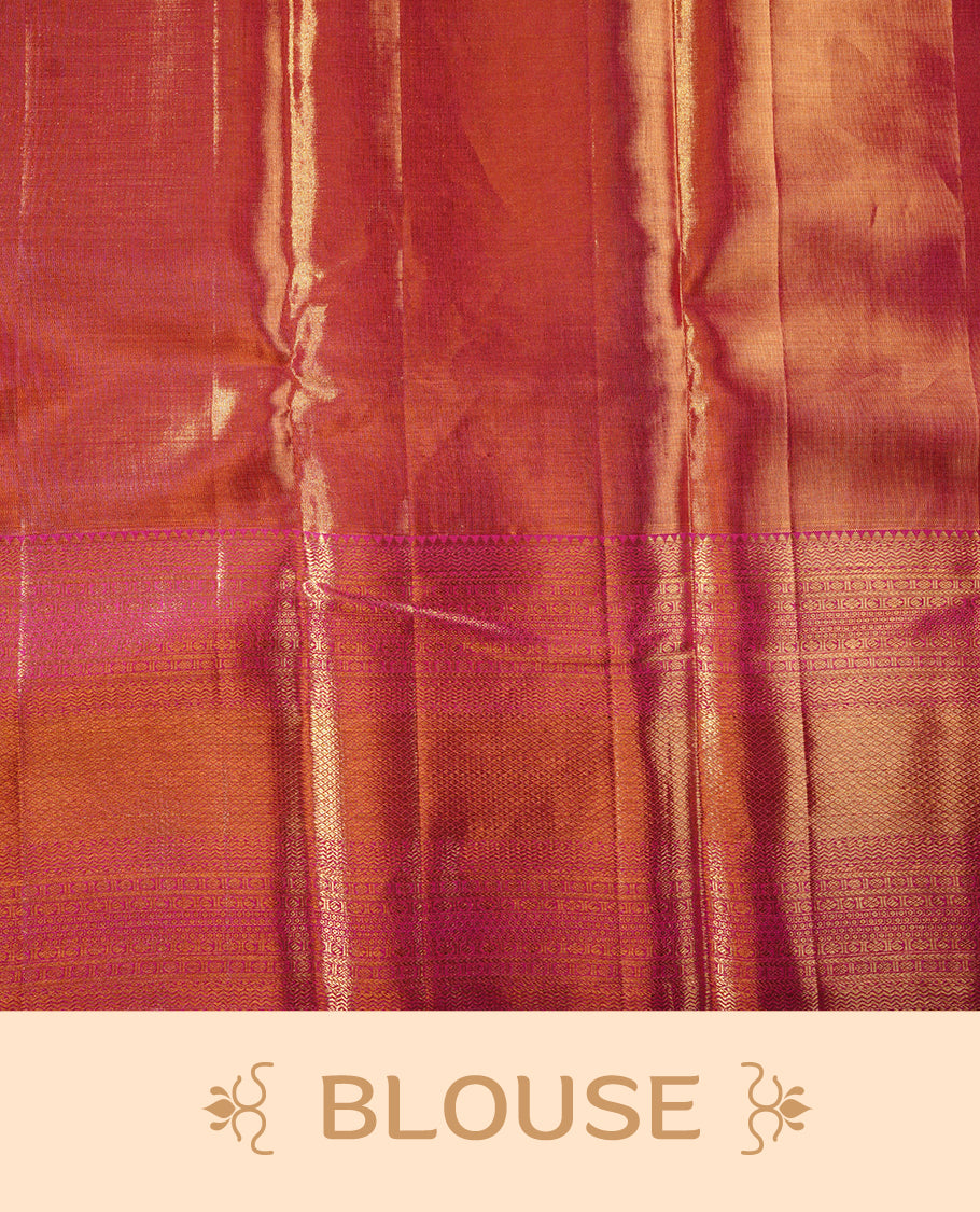 Gold, magenta, green multi colour kancheepuram tissue silk saree featuring gold zari Bird inside box pattern on body, complemented by contrast magenta colour with traditional border, paired with matching blouse piece.