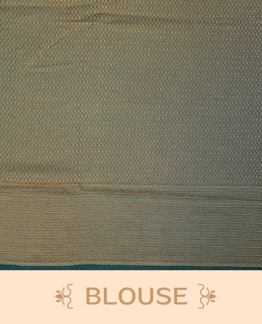 Teal colour semi soft silk saree featuring gold zari floral motifs on across body, self colour border with traditional gold zari pattern, pallu and paired with matching blouse.