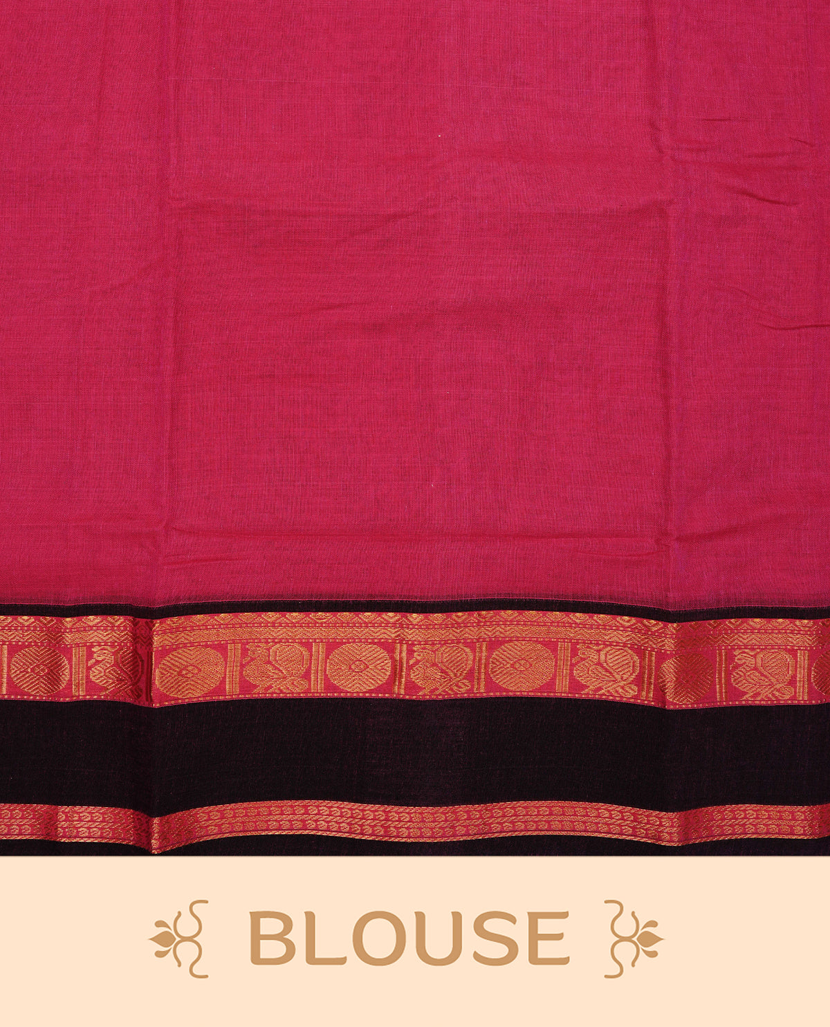 Magenta colour Narayanapattu cotton saree with a plain body, complemented by a red colour border featuring Dark brown colour with gold zari border & a contrast pallu, paired with a matching blouse piece.
