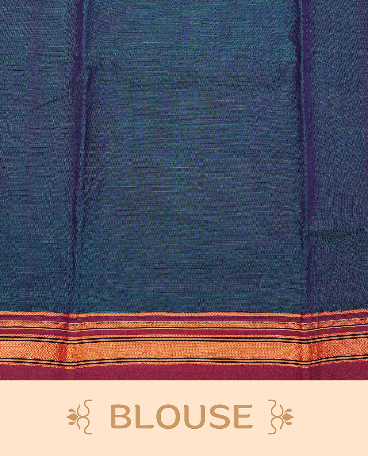 Peacock Blue colour Narayanapattu cotton saree with a plain body, complemented by a wine Colour with border with elegant gold zari detailing and a contrast striped pallu, paired with a matching blouse piece.