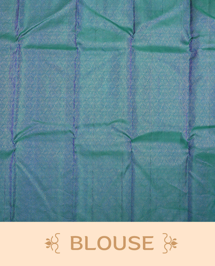 Peacock Colour Pure Kancheepuram Silk Saree having gold Square pattern on Body without Border and matching Blouse