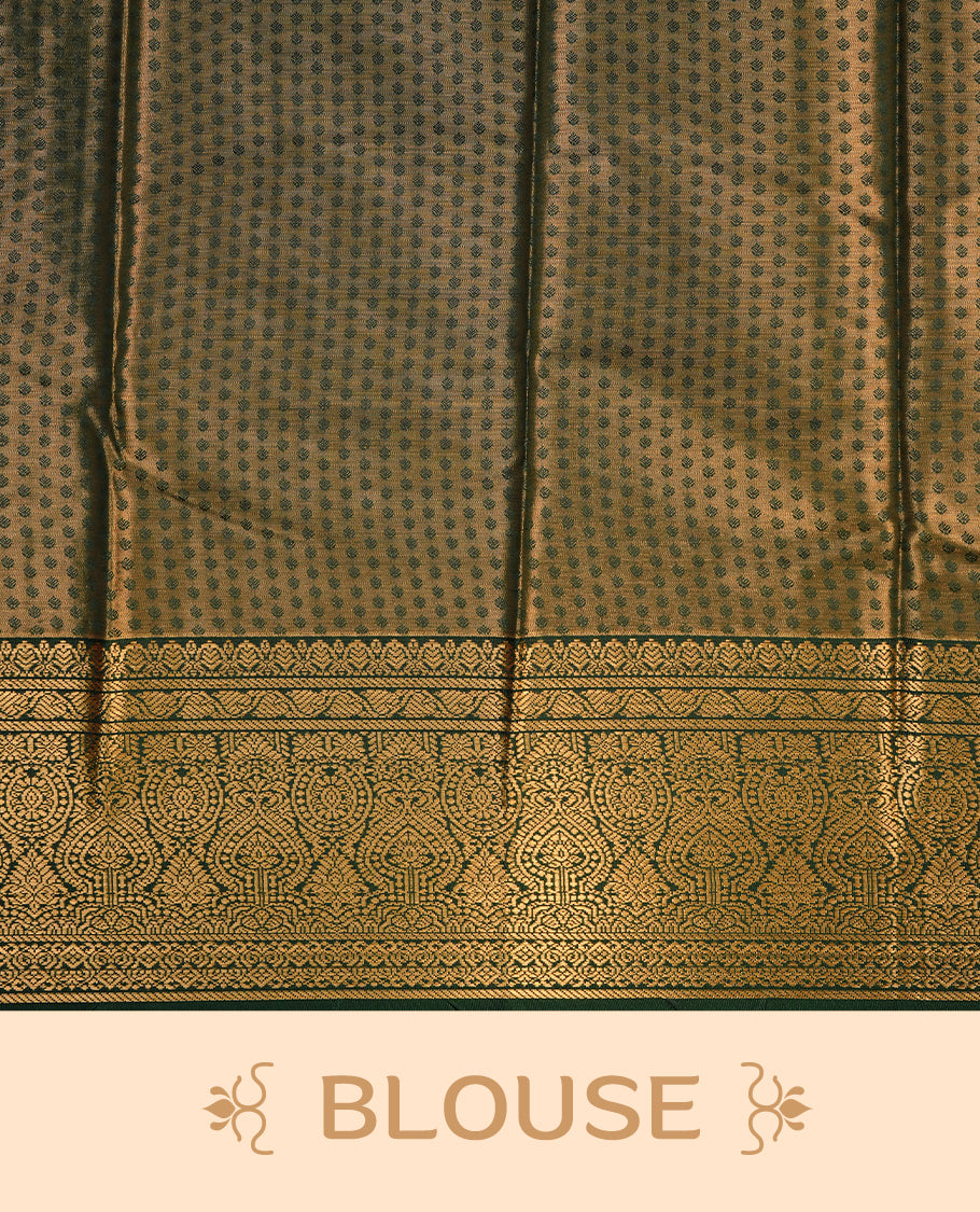 Baby pink colour semi tissue silk saree featuring gold zari floral kodi pattern on body, contrast green colour with gold zari traditional border, paired with matching blouse piece.