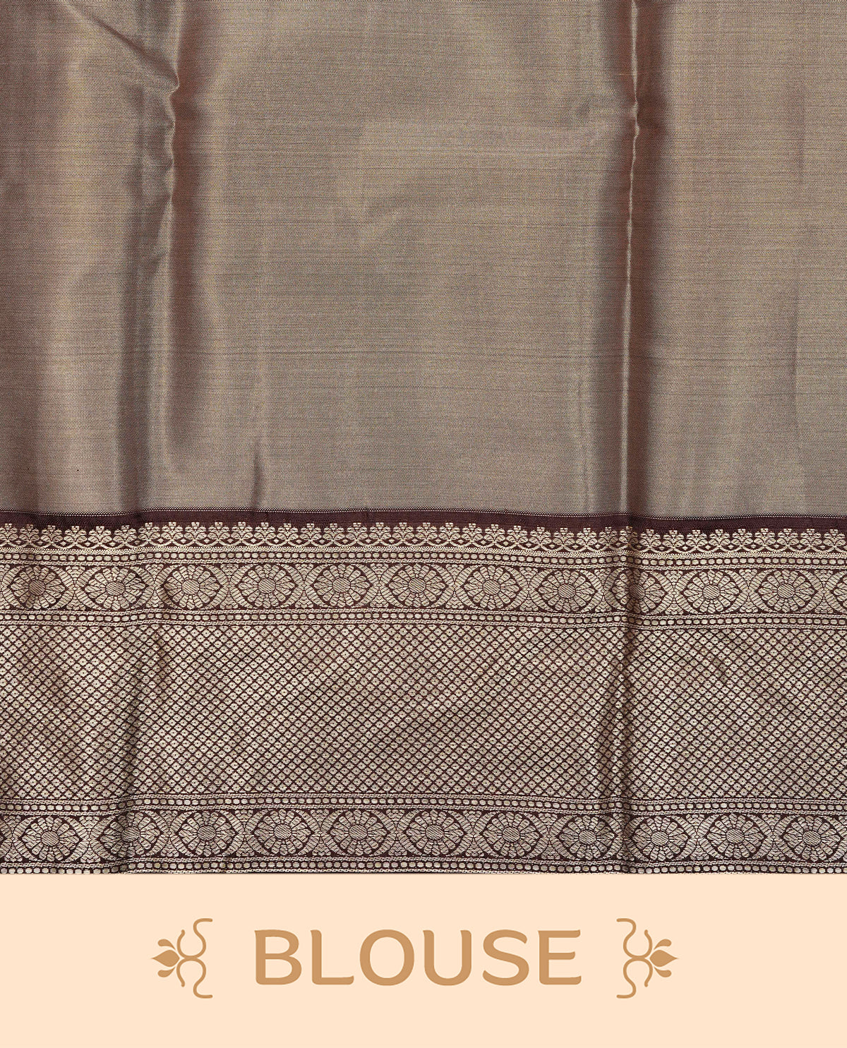 Beige Colour Tissue Silk Saree featuring an elegant Silver zari woven body, a richly woven Gold zari pallu, complemented by a Dark Brown With Gold zari border and paired with a Matching blouse piece.