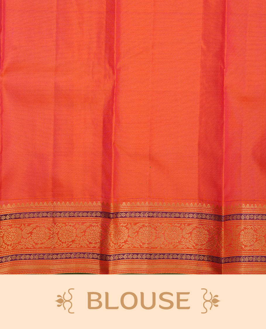Peacock green colour traditional kancheepuram silk saree featuring gold zari motifs on body, complemented by contrast orange & purple colour with gold zari traditional border, paired with matching blouse piece.