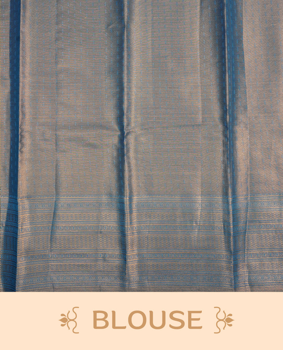 Blue & Gold colour semi tissue silk saree featuring gold zari floral kodi pattern on body, self colour with gold zari traditional border, paired with matching blouse piece.