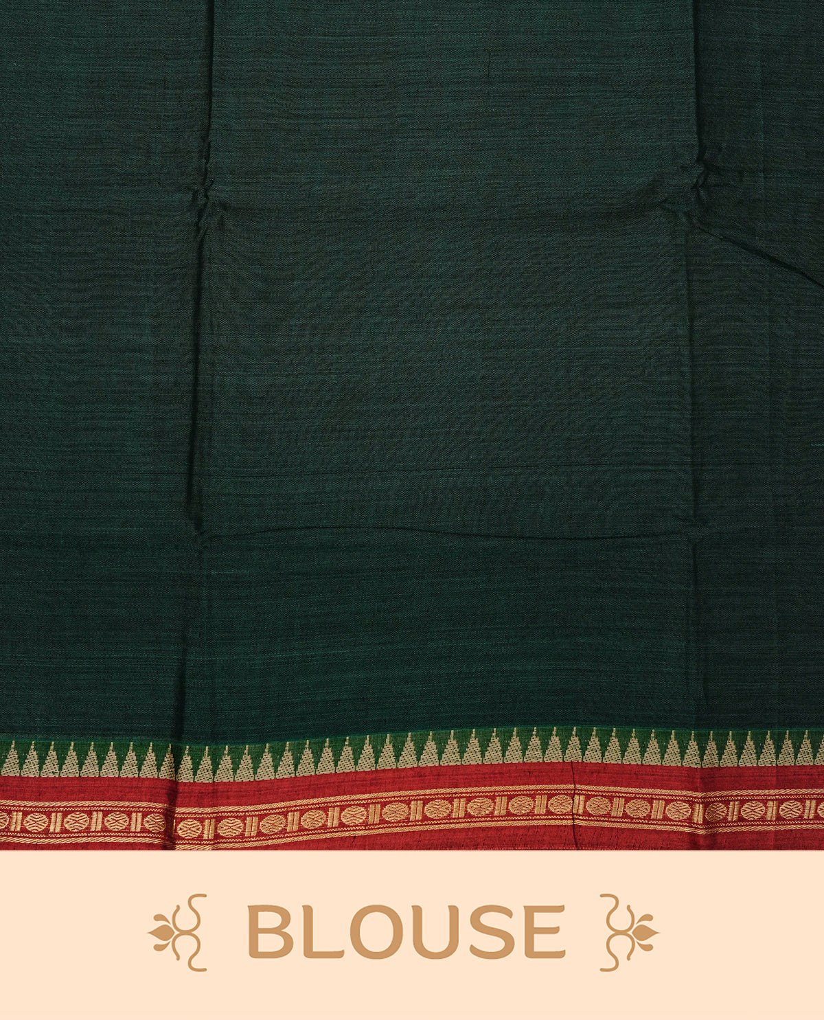 Bottle Green colour Narayanapattu cotton saree with a plain body, complemented by a Red Colour with Gold zari & beige colour temple designed border & contrast pallu, paired with a matching blouse piece.