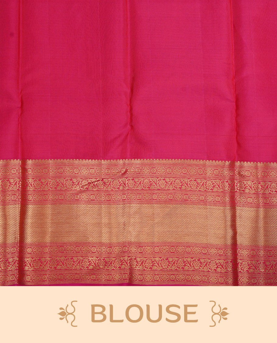 Magenta colour kancheepuram silk saree featuring gold zari floral kodi pattern on body, complemented by self colour with traditional border, paired with matching blouse piece.