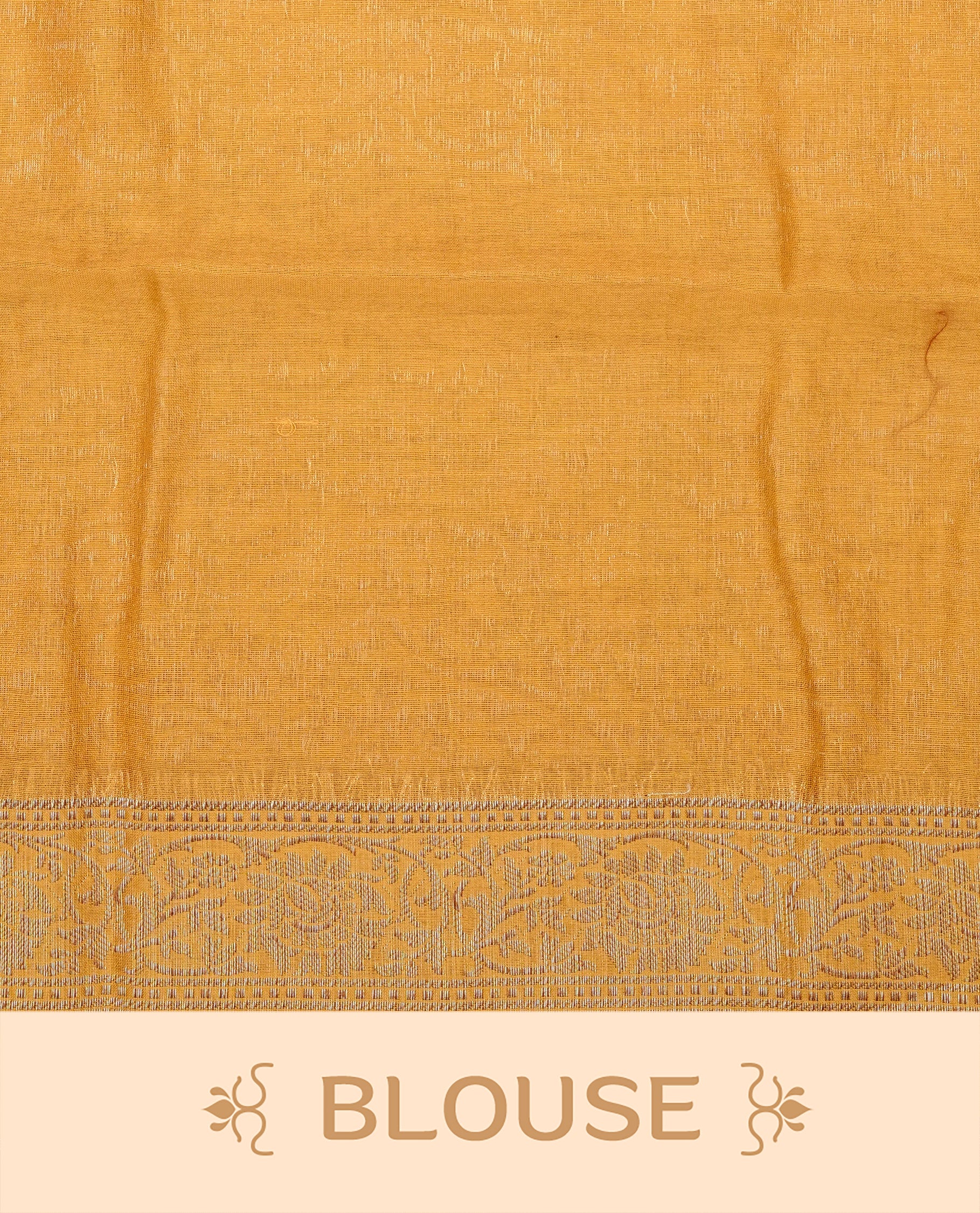 Mustard Yellow colour Tussar Silk saree featuring antique zari butta motifs on the body, enhanced with a self-coloured floral zari border and pallu, paired with a matching blouse piece.