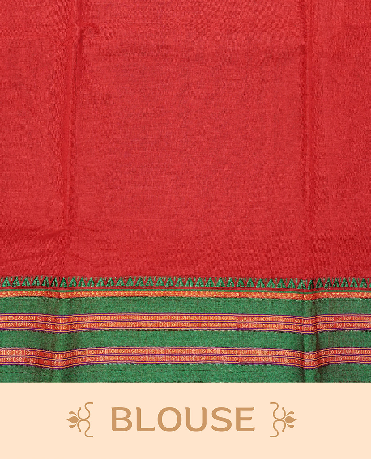 Red colour Narayanapattu cotton saree with a plain body, complemented by a Green Colour with border with elegant gold zari & green colour temple designed detailing and a contrast striped pallu, paired with a matching blouse piece.
