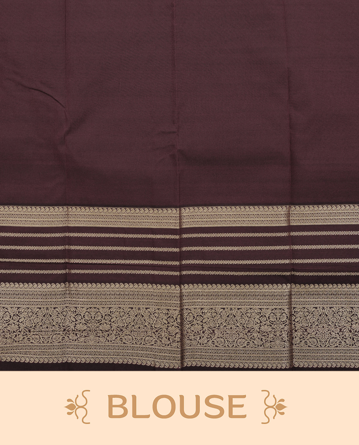 Cream colour soft silk saree featuring gold zari floral motifs & buttas on body, contrast brown colour gold zari traditional border, grand pallu comes with matching blouse piece.
