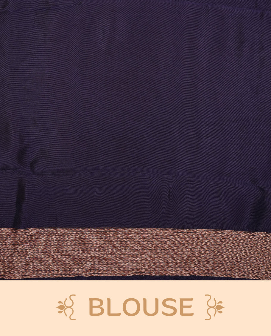Purple colour semi banaras tussar georgette saree featuring antique gold zari buttas on body, temple pattern on border and floral pattern on pallu, paired with matching blouse piece.