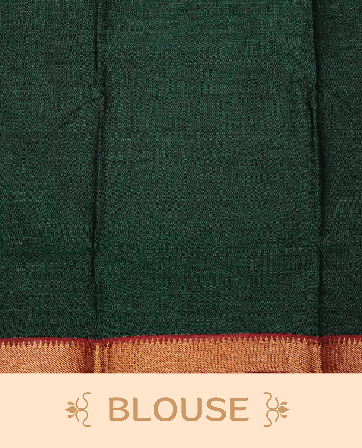Bottle Green colour Narayanapattu cotton saree with a plain body, complemented by a red colour with Gold Zari border & contrast pallu, paired with a matching blouse piece.