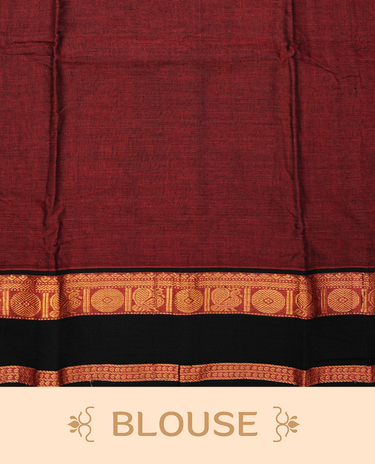 Dark Red colour Narayanapattu cotton saree with a plain body, complemented by a Green Colour with Gold zari border & contrast pallu, paired with a matching blouse piece.