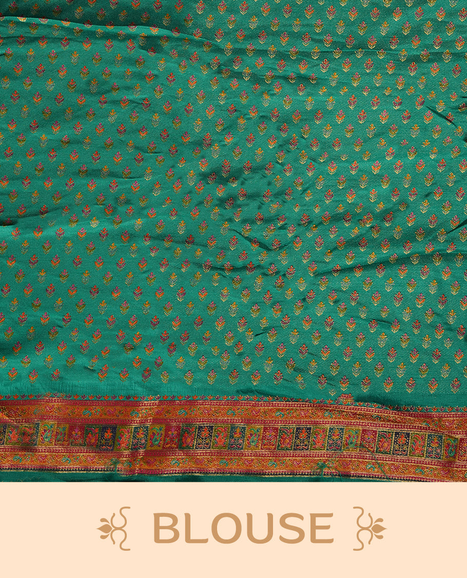 Aqua green colour Pashmina silk saree plain body, framed by an opulent arabesque border and grand storytelling pallu, paired with a matching woven border blouse piece