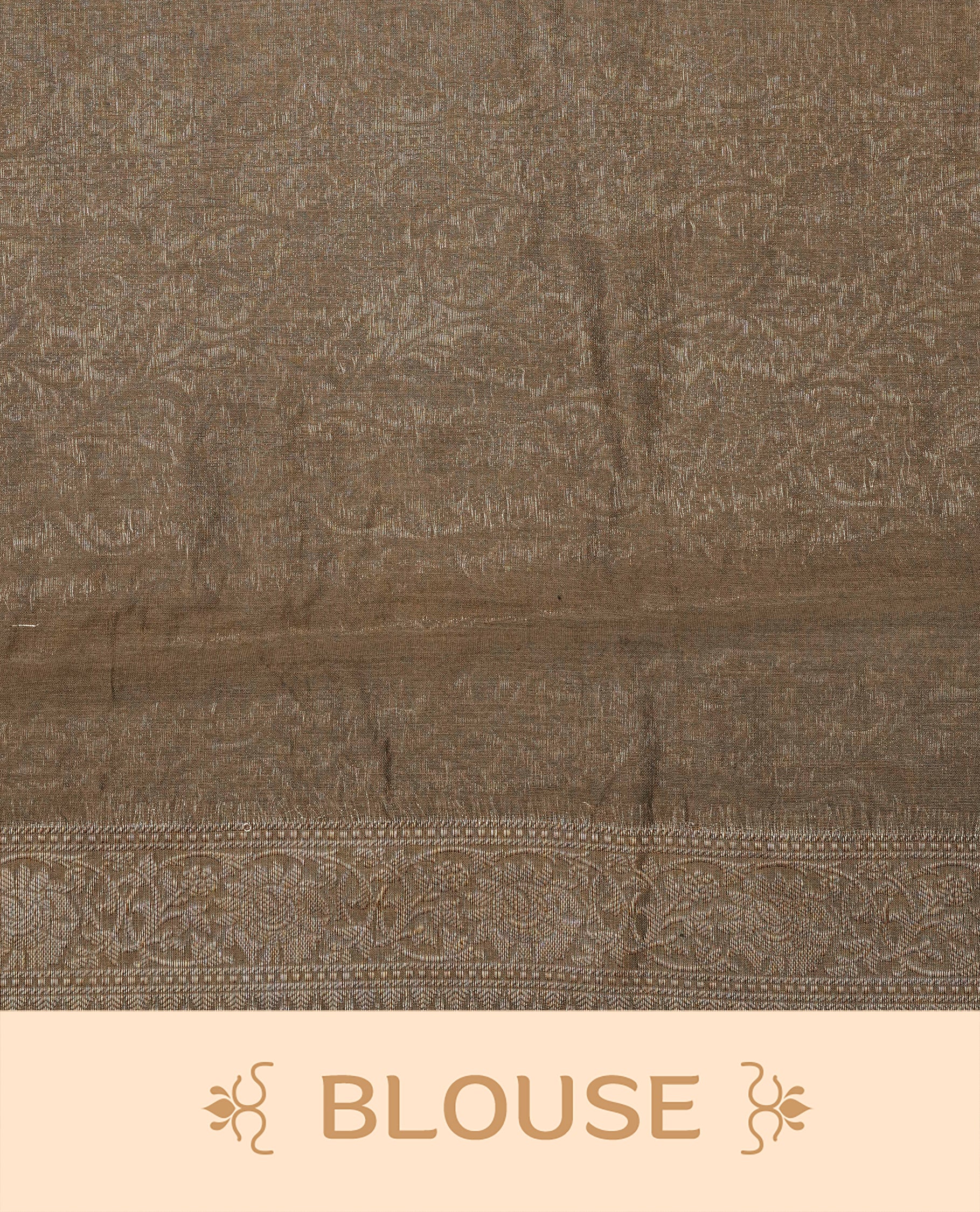 Khaki Brown Colour Tussar Silk saree with antique zari butta motifs On Body, a self-toned floral zari border, a rich zari pallu, and a matching blouse piece.