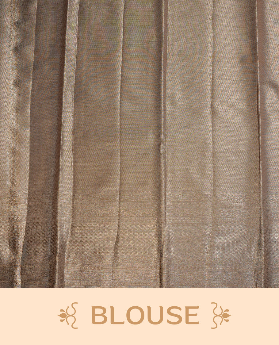 Light Gold colour semi tissue silk saree featuring gold zari pattern on body, self colour with gold zari traditional border, paired with matching blouse piece.