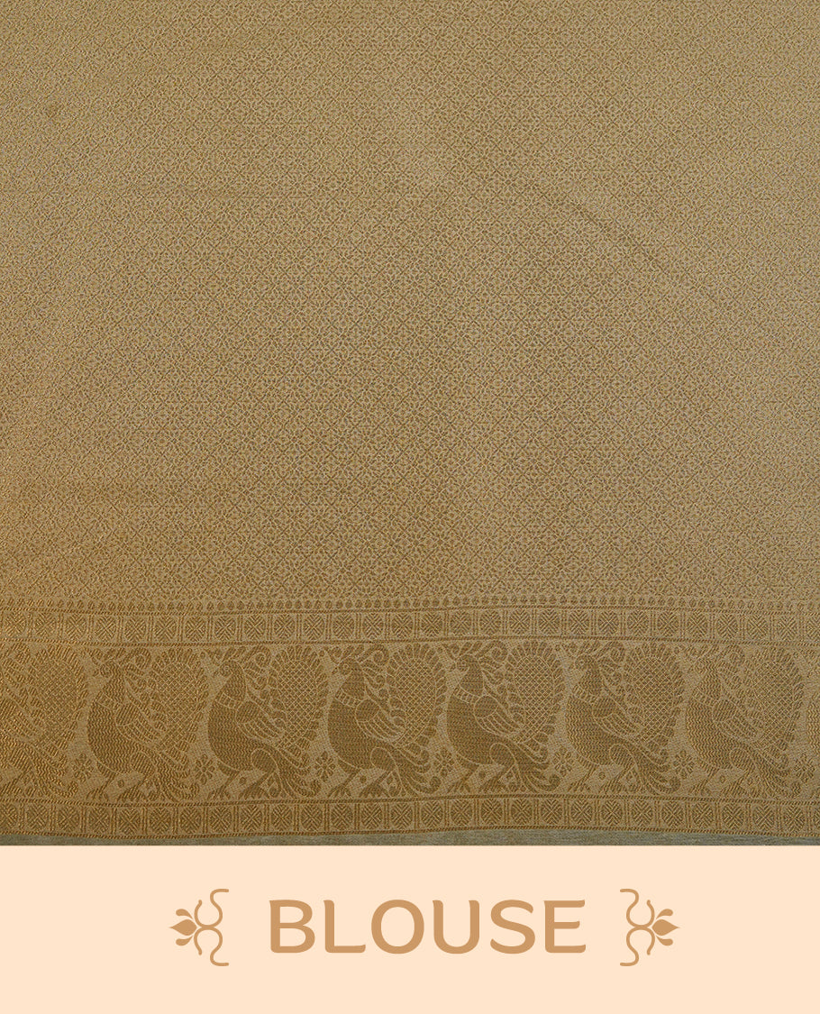 Cream colour soft silk saree featuring gold zari pattern on body, complemented by self colour with traditional border, paired with matching blouse piece.