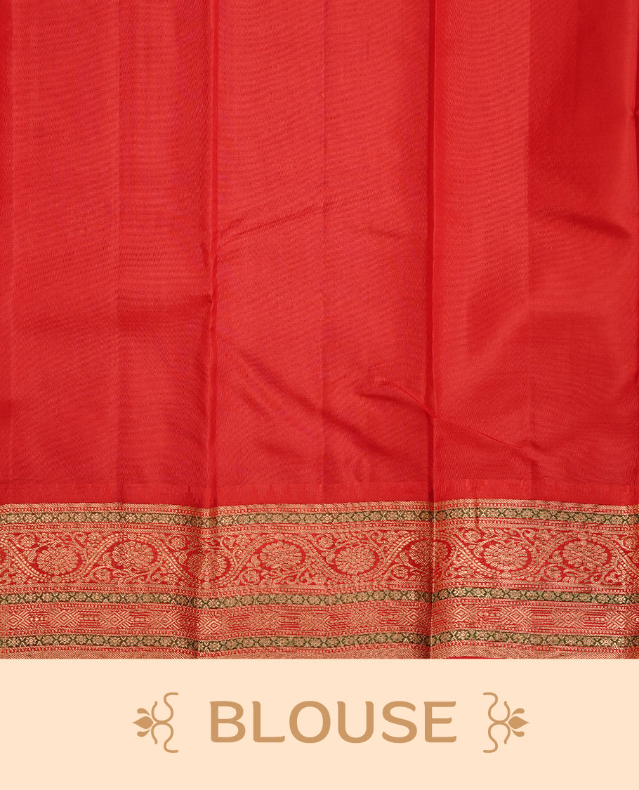 Mustard colour traditional kancheepuram silk saree featuring gold zari check pattern on body, complemented by contrast red colour with gold zari traditional border, paired with matching blouse piece.