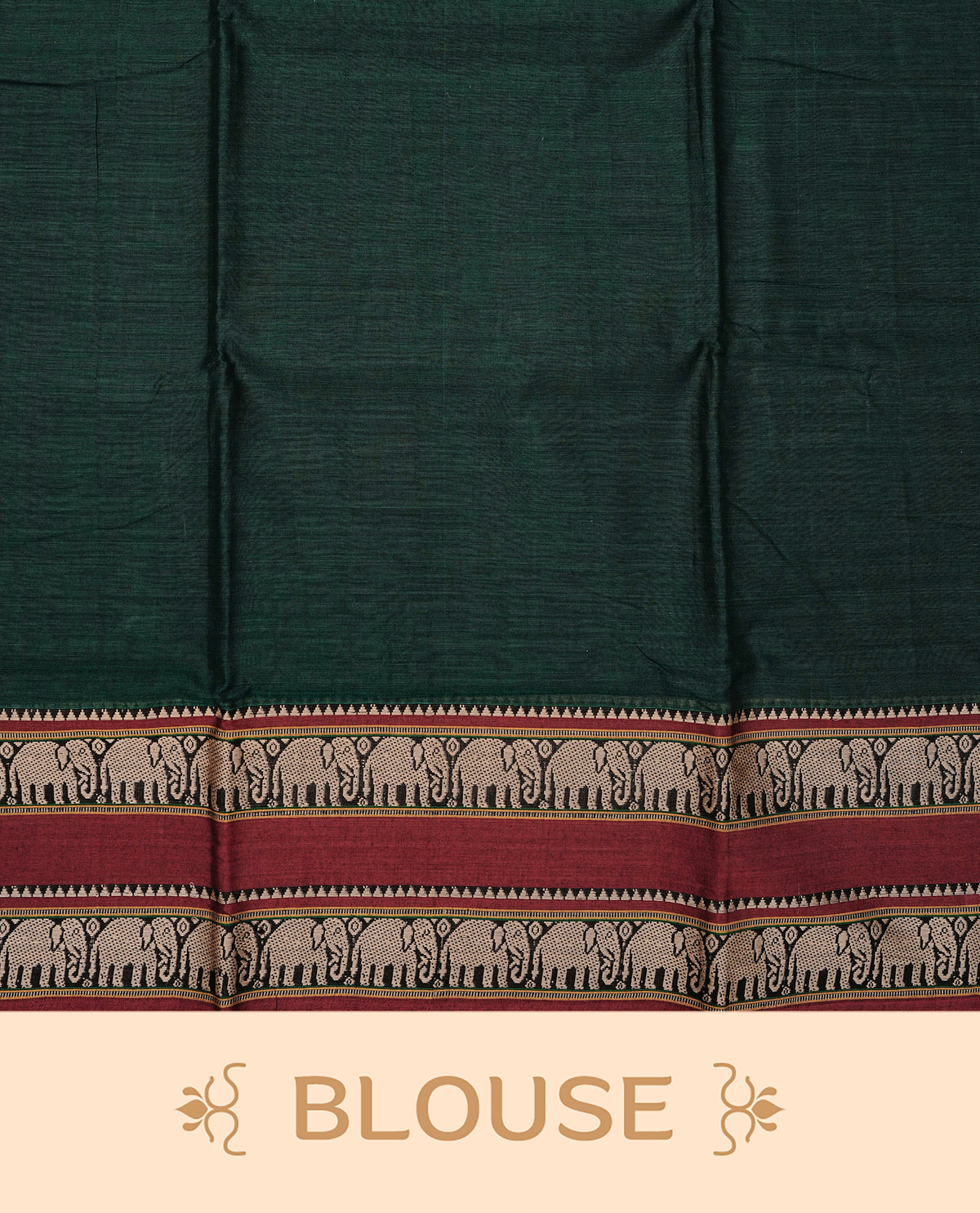 Bottle Green colour Narayanapattu cotton saree with a plain body, complemented by a Maroon Colour with beige colour Elephant designed border & contrast pallu, paired with a matching blouse piece.