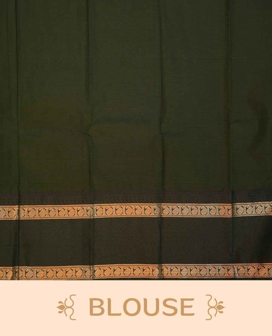 Red coloured soft silk saree featuring gold zari stripes and motifs across the body, enhanced with a contrast Dark greenborder and pallu, paired with a matching contrast blouse piece.