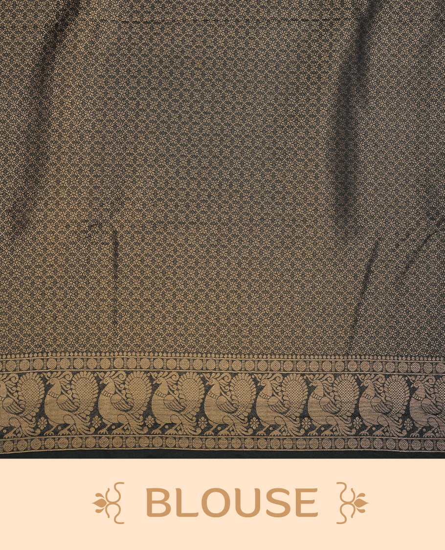 Black colour semi soft silk saree featuring gold zari motifs on across body, self colour border with traditional gold zari pattern, pallu and paired with matching blouse.