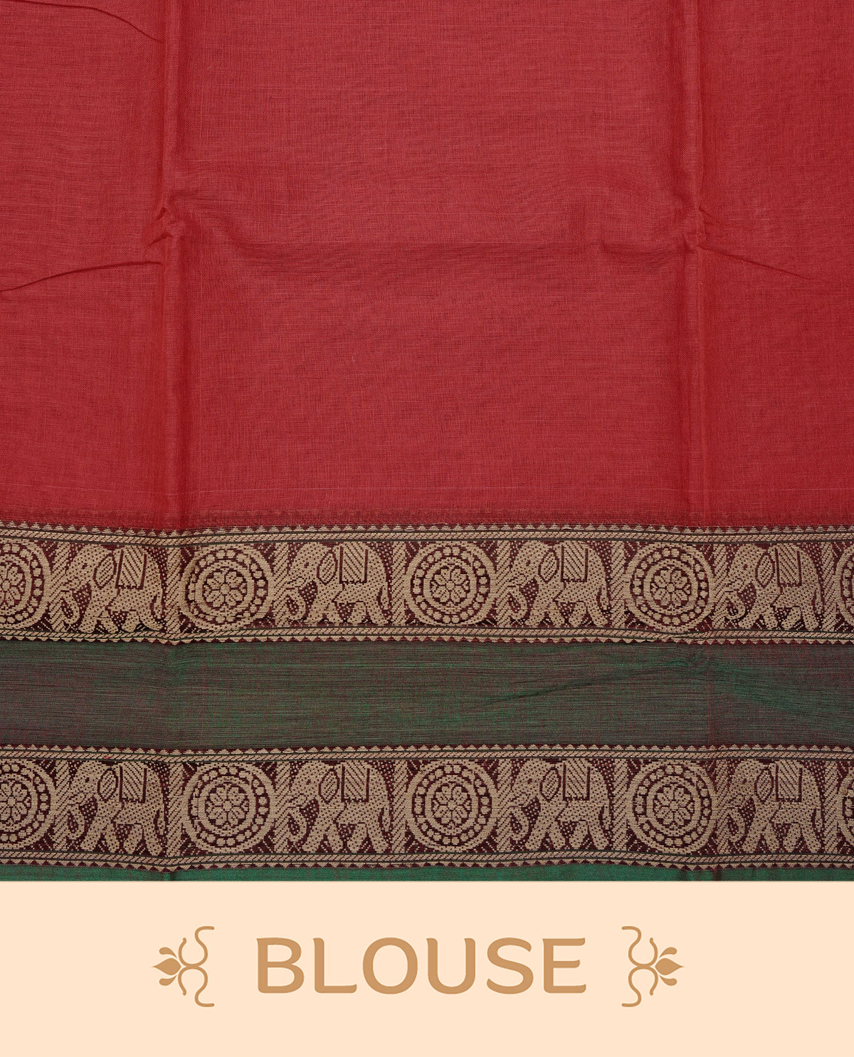 Red Colour Narayanapattu Cotton Saree featuring a plain body , beautifully complemented by a Green border with maroon & beige colour elephant designs, Contrast pallu, paired with a matching blouse piece.