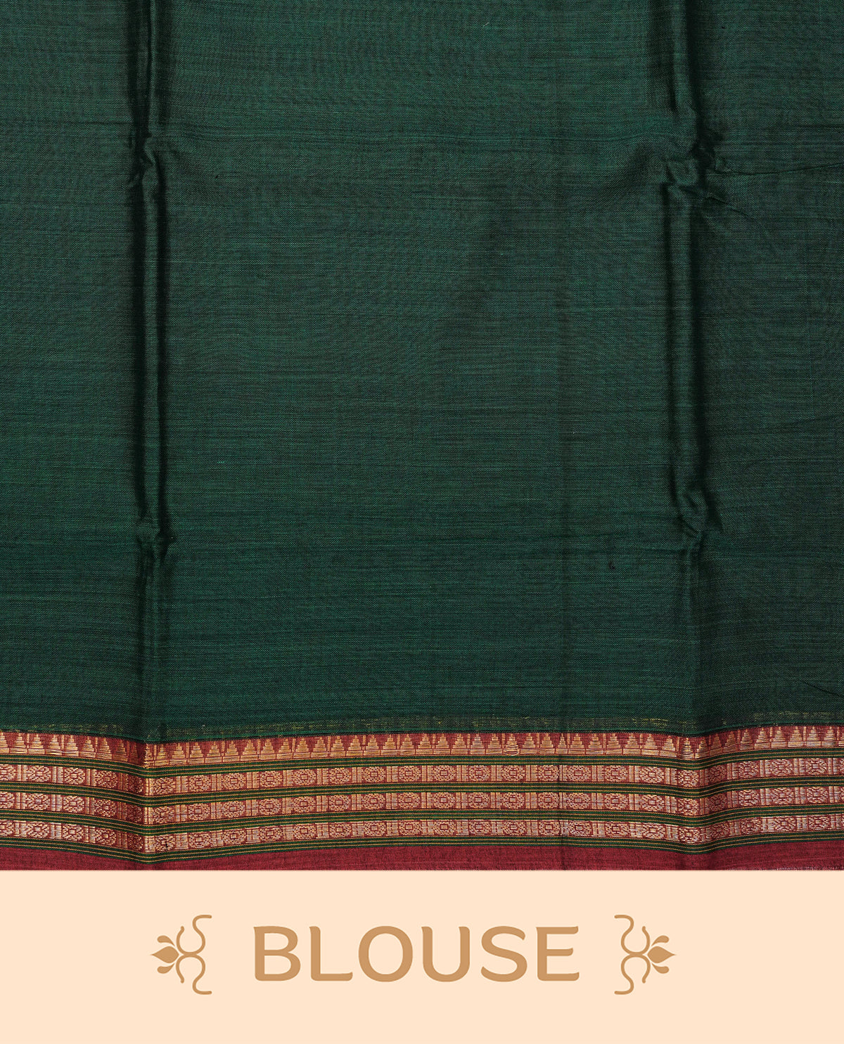 Bottle green colour Narayanapattu cotton saree with a plain body, complemented by a Dark red colour with Gold Zari border & contrast pallu, paired with a matching blouse piece