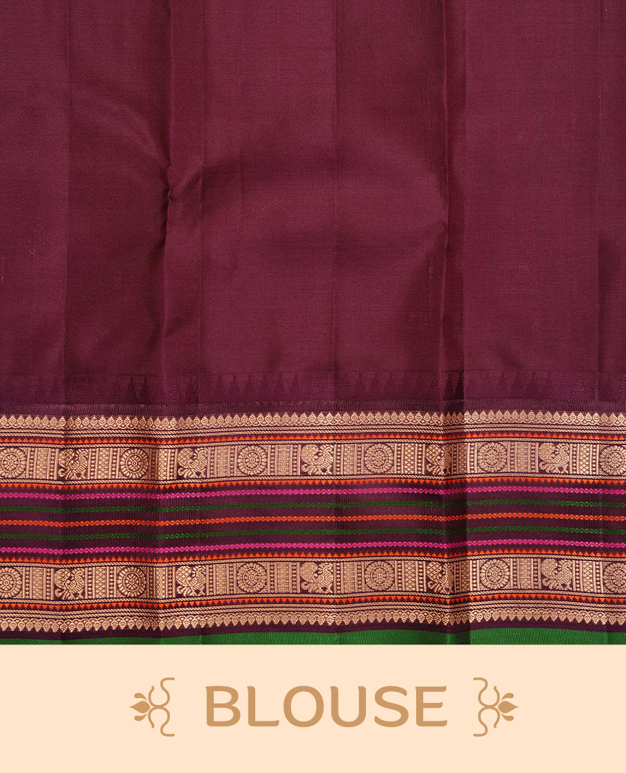 Lavender colour traditional kancheepuram silk saree featuring gold zari motifs on body, complemented by contrast multicolour with gold zari traditional border, paired with matching blouse piece.
