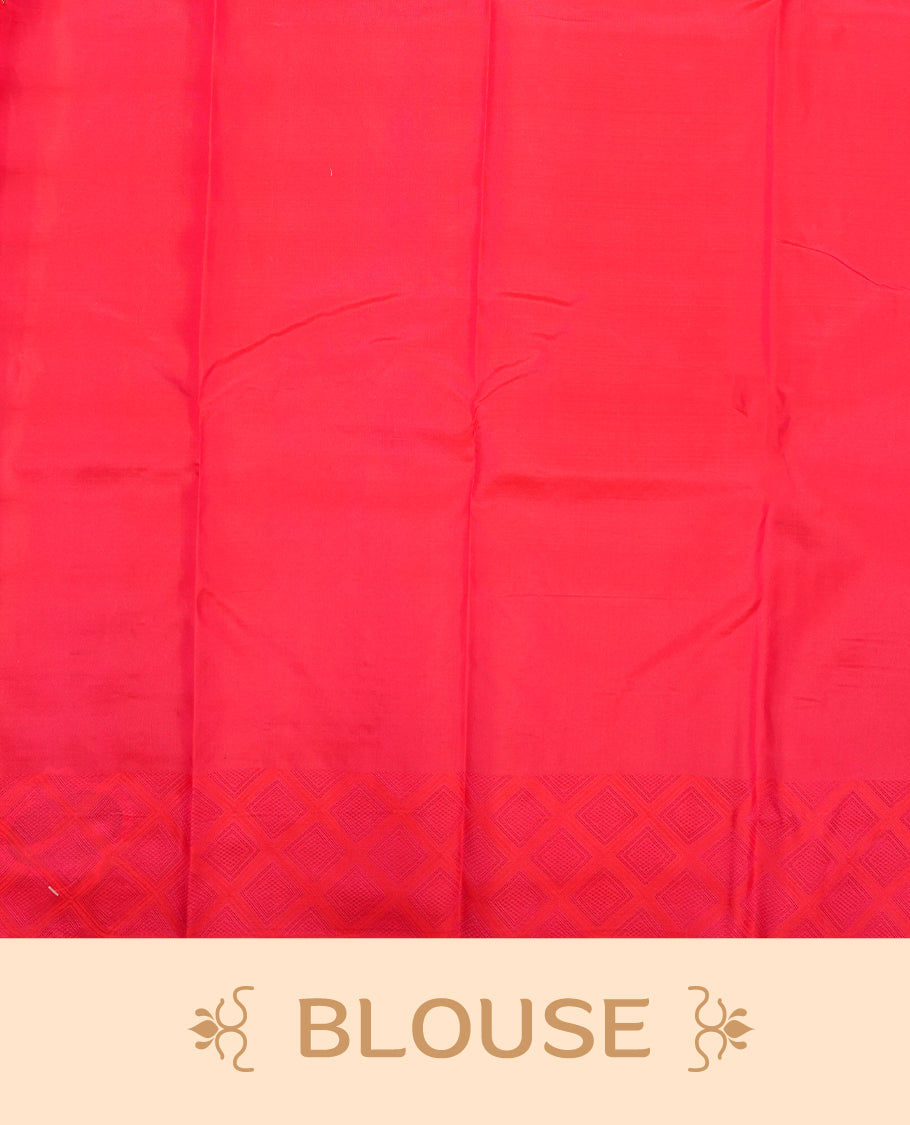 Rani pink colour Vasundhara silk saree adorned with all-over gold square motifs on the body, complemented by a self colour with box pattern on border and paired with a matching blouse piece.