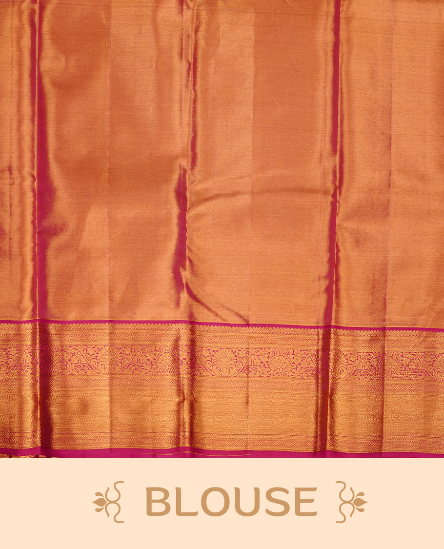 Gold & magenta double shade colour kancheepuram tissue silk saree featuring gold zari pattern across body, complemented by contrast magenta colour border traditional zari border, paired with matching blouse piece.