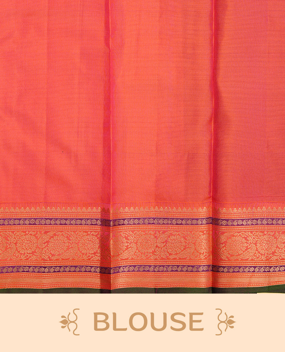 Purple colour traditional kancheepuram silk saree featuring gold zari motifs on body, complemented by contrast orange & green colour with gold zari traditional border, paired with matching blouse piece.
