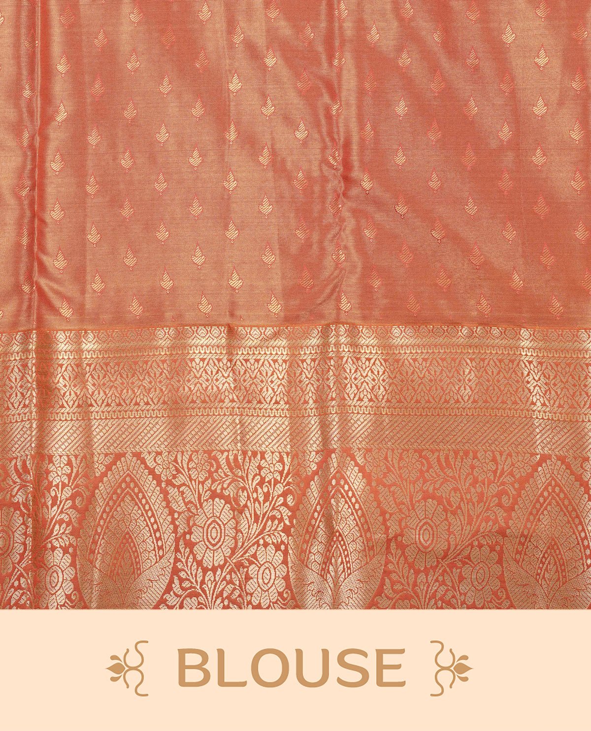 Orange colour Semi Tissue Silk Saree featuring gold zari floral kodi motifs on the body, complemented by an intricately woven gold zari pallu, a rich self-coloured border with gold zari, and paired with a matching plain blouse piece.
