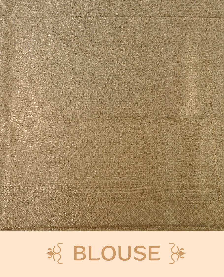 Cream colour soft silk saree featuring gold zari Geometric pattern on body, complemented by self colour with traditional border, paired with matching blouse piece.