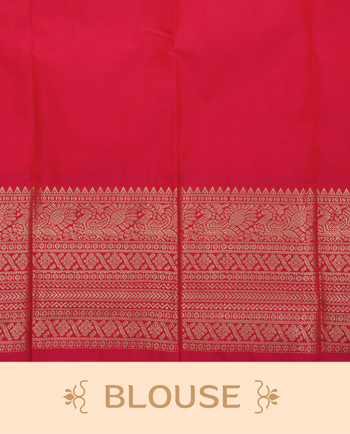 Cream colour soft silk saree featuring gold zari checks with floral mottifs on body, contrast reddish pink colour gold zari pecock traditional border, grand pallu comes with matching blouse piece.