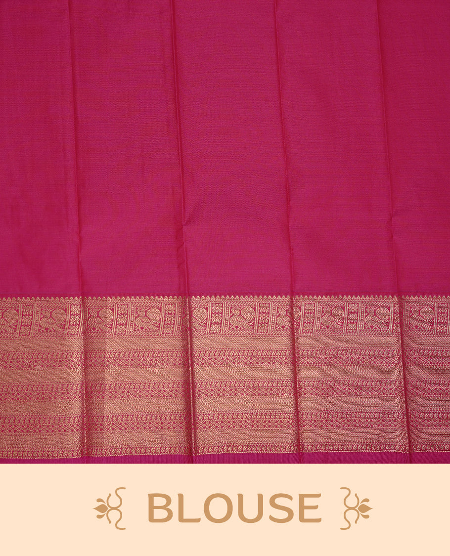Cream coloured soft silk saree featuring gold zari stripes and motifs across the body, enhanced with a contrast Magenta border and pallu, paired with a matching contrast blouse piece.