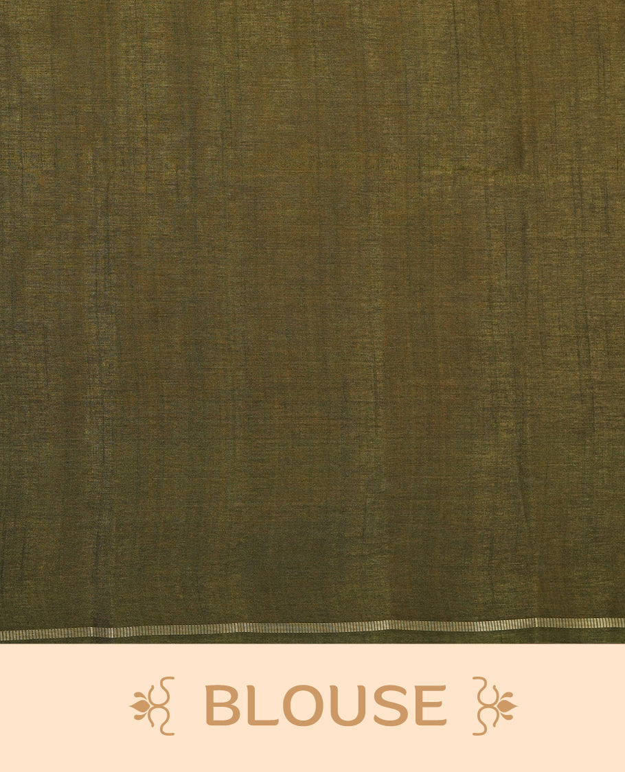 Olive green colour semi Tussar saree highlights gold zari check pattern across body, border, pallu and paired with matching blouse piece.
